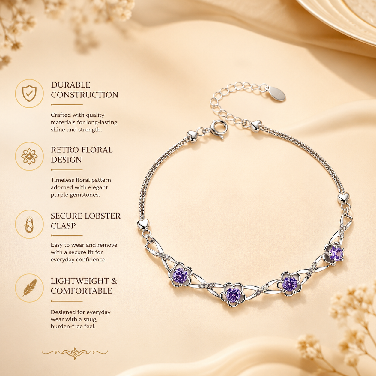 Silver Floral Purple Gem Bracelet