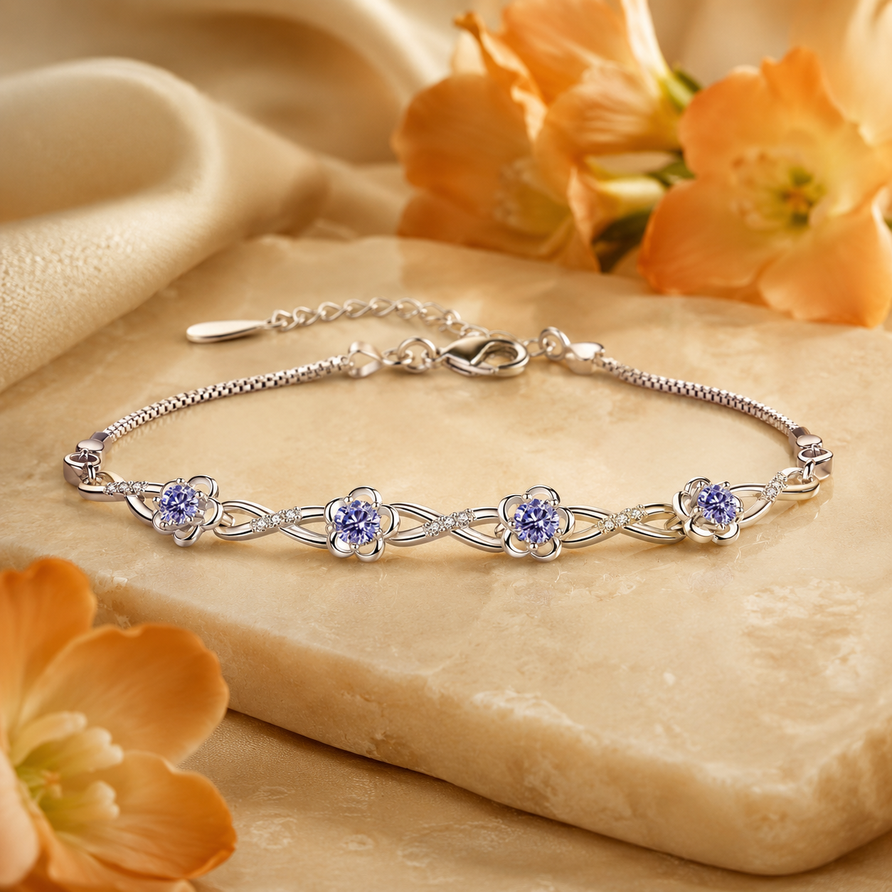 Silver Floral Purple Gem Bracelet